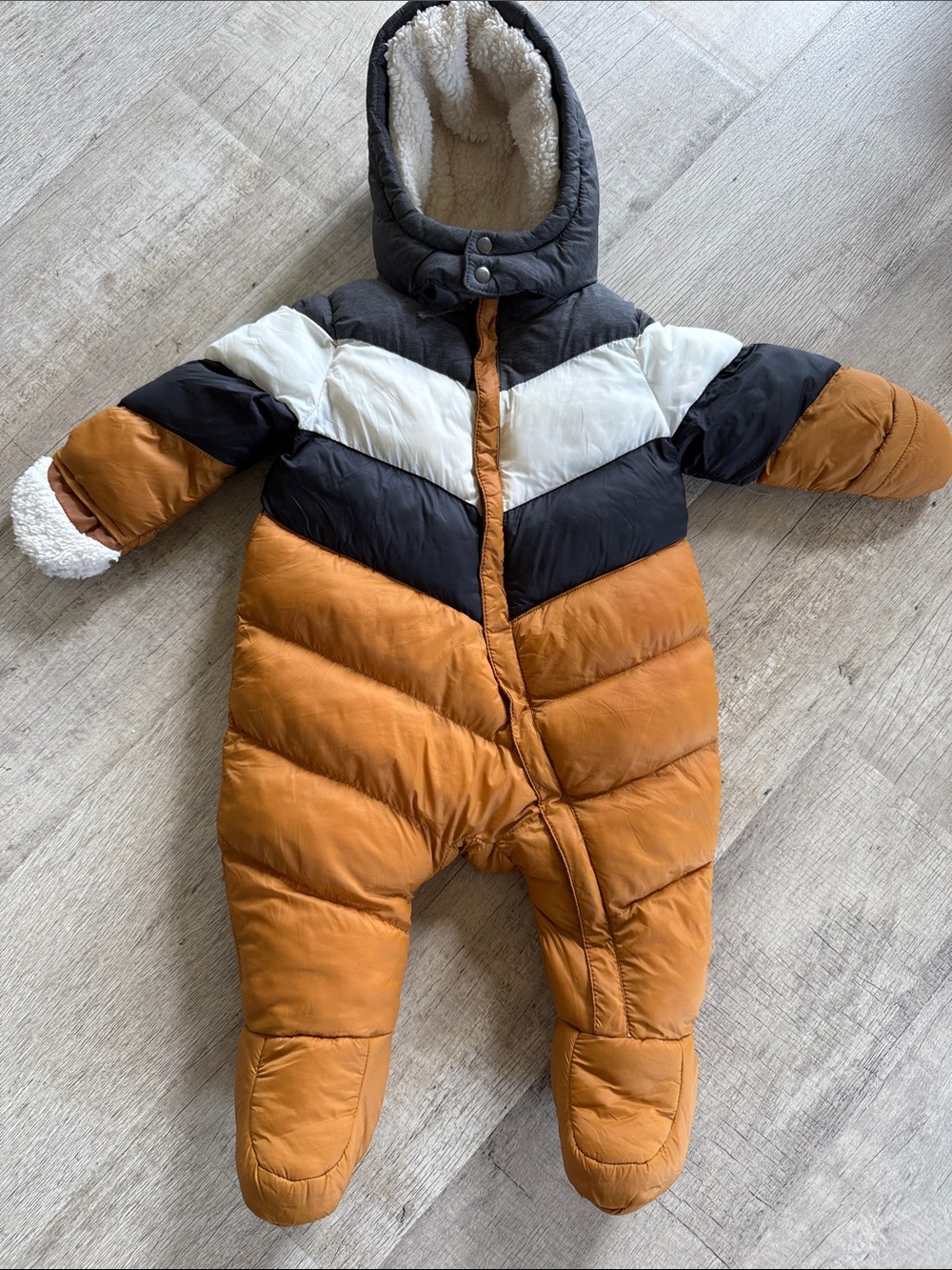 Orchestra Kids Puffer Snowsuit in Tan, Black & White